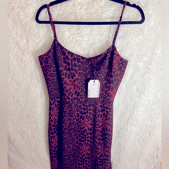 DRESS THE POPULATION Shaireen Leopard Dress Womens Large Burgundy Sleeveless - Picture 15 of 15